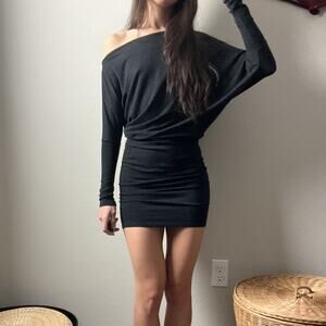 allsaints gray minimalist slouchy off shoulder bodycon long sleeve mini dress